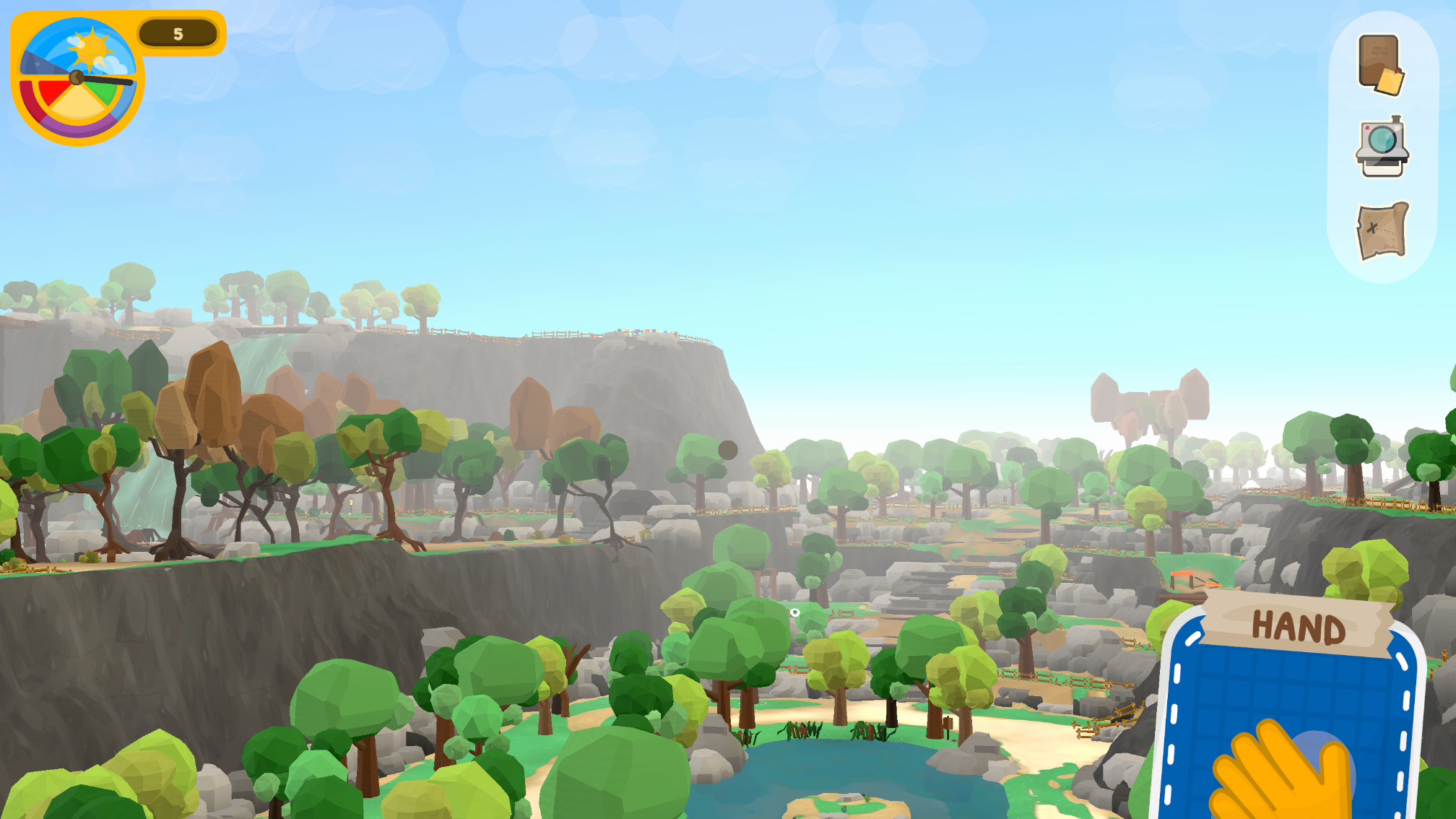 A waterfall flowing between green island cliffs